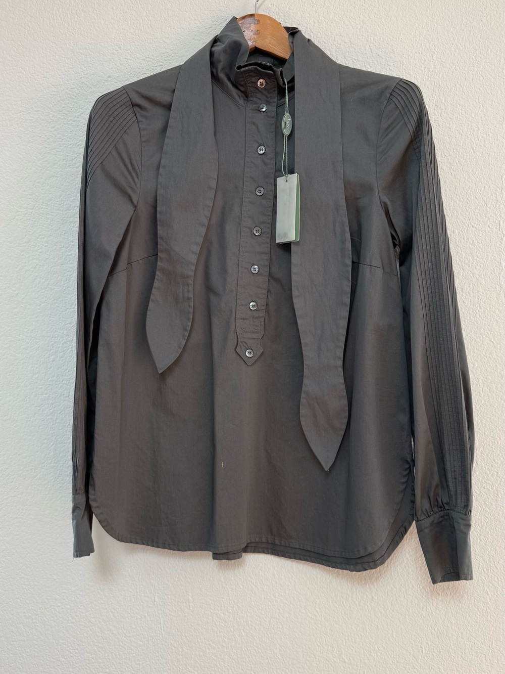 Women's Black Button-Front Blouse with Neck Tie